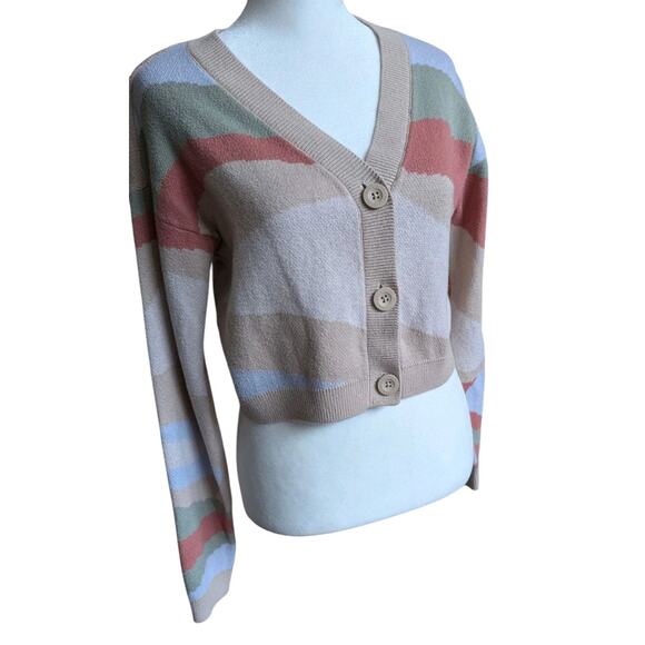 Y2k Hollister Cropped Fitted Cardigan Sweater Button Women Xs Tan Green Stripe - Picture 1 of 13